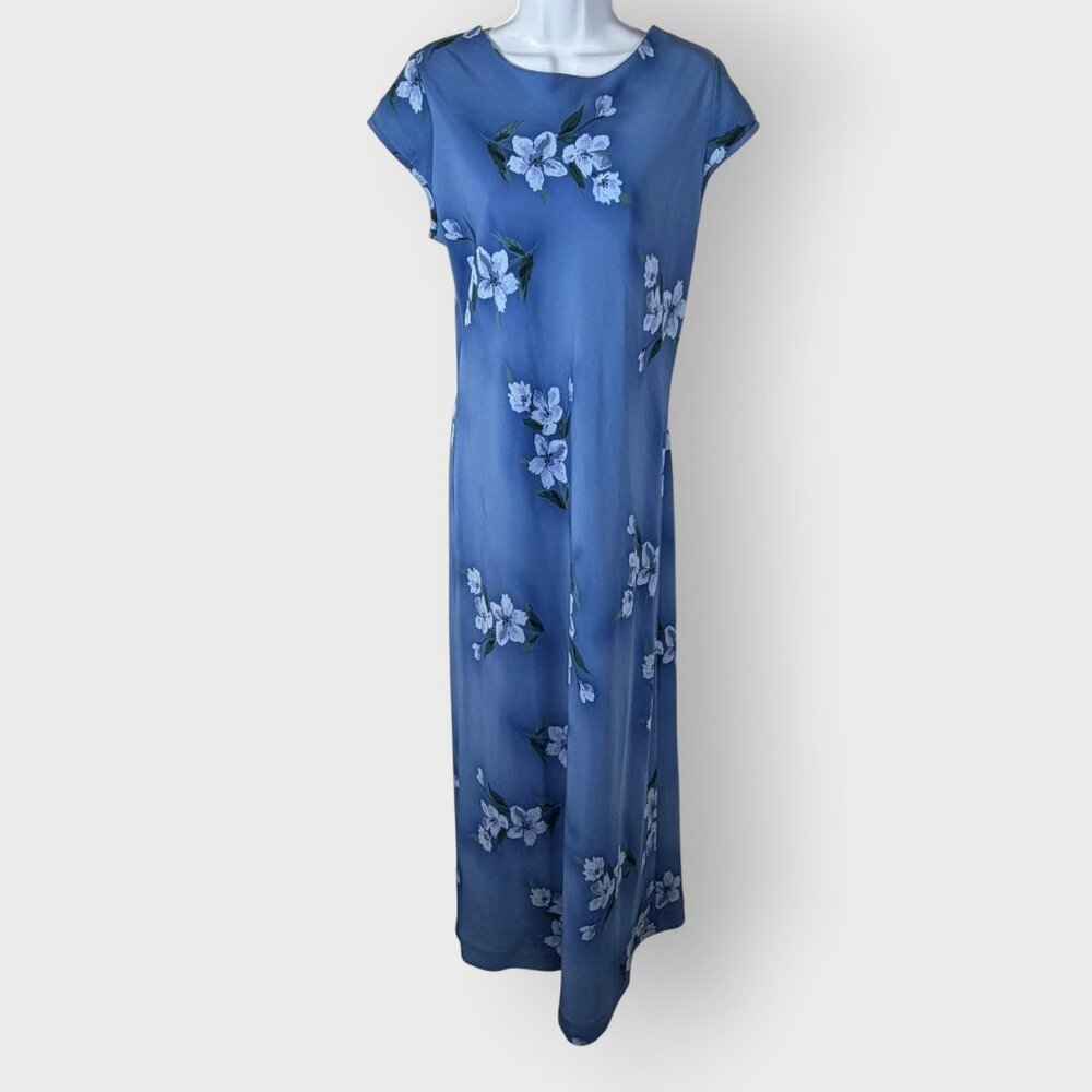 Vtg DBY Maxi Dress | 13 | Blue Floral Lace Back | 90s Boho Friends Phoebe